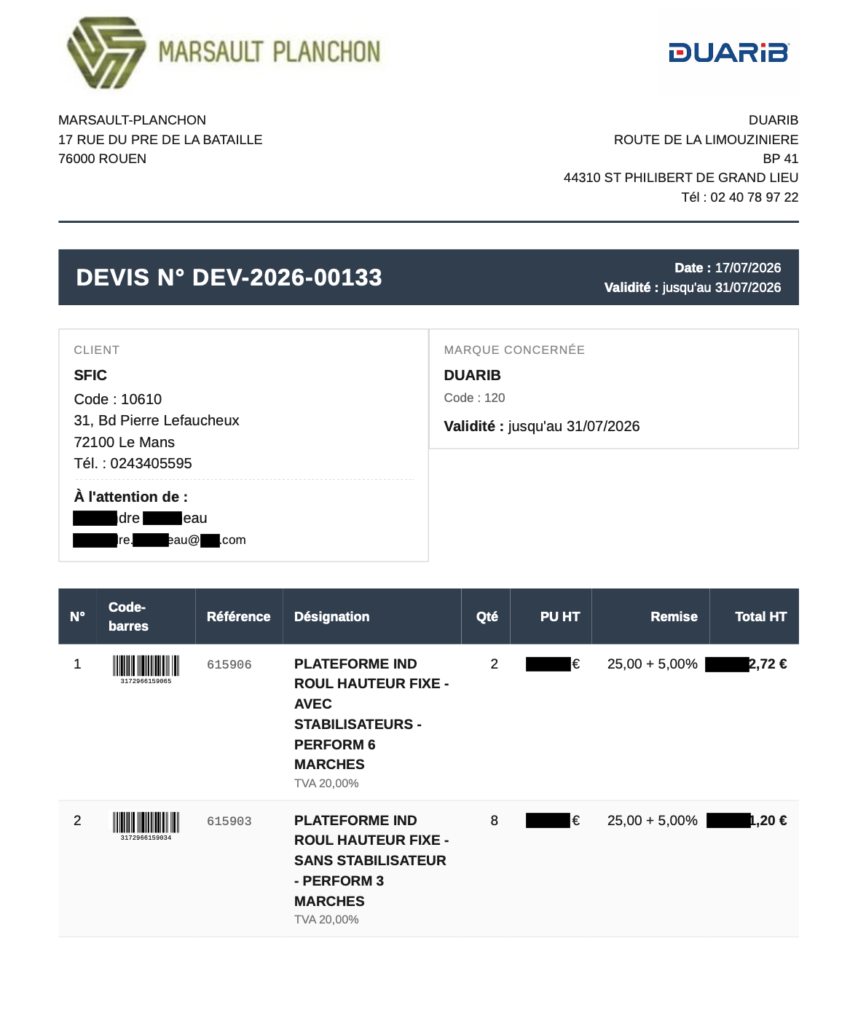 Exemple d'un devis g&eacute;n&eacute;r&eacute; par kepler le logiciel pour agent commercial et vrp