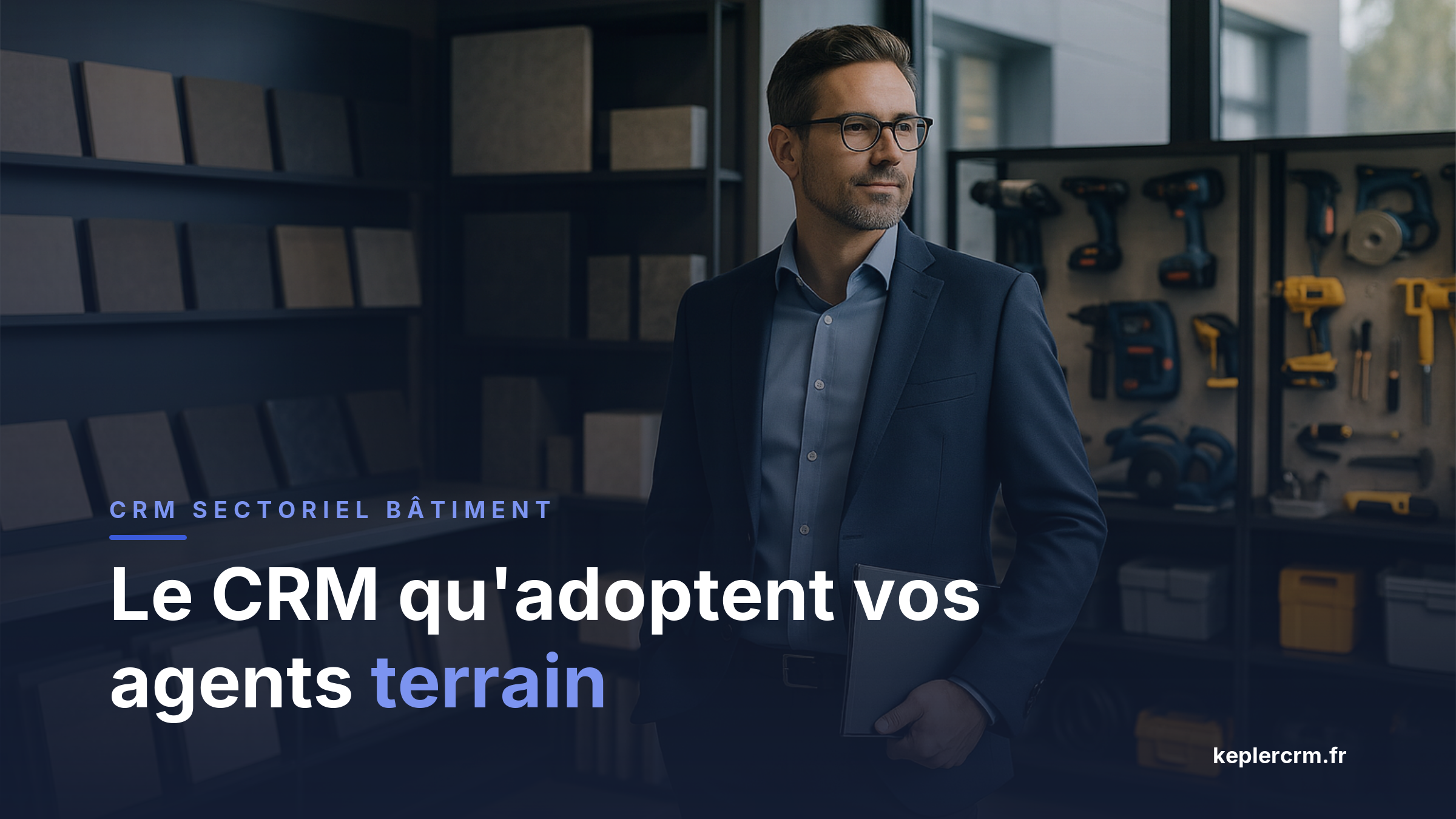 Agent commercial bâtiment réalisant un relevé de linéaires en GSB avec un CRM fabricant bâtiment sur tablette