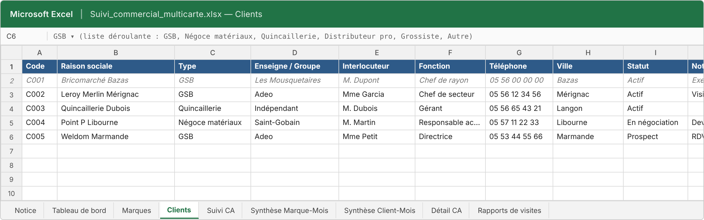 Onglet Clients : fichier clients et prospects de l’agent commercial avec statut et type d’enseigne