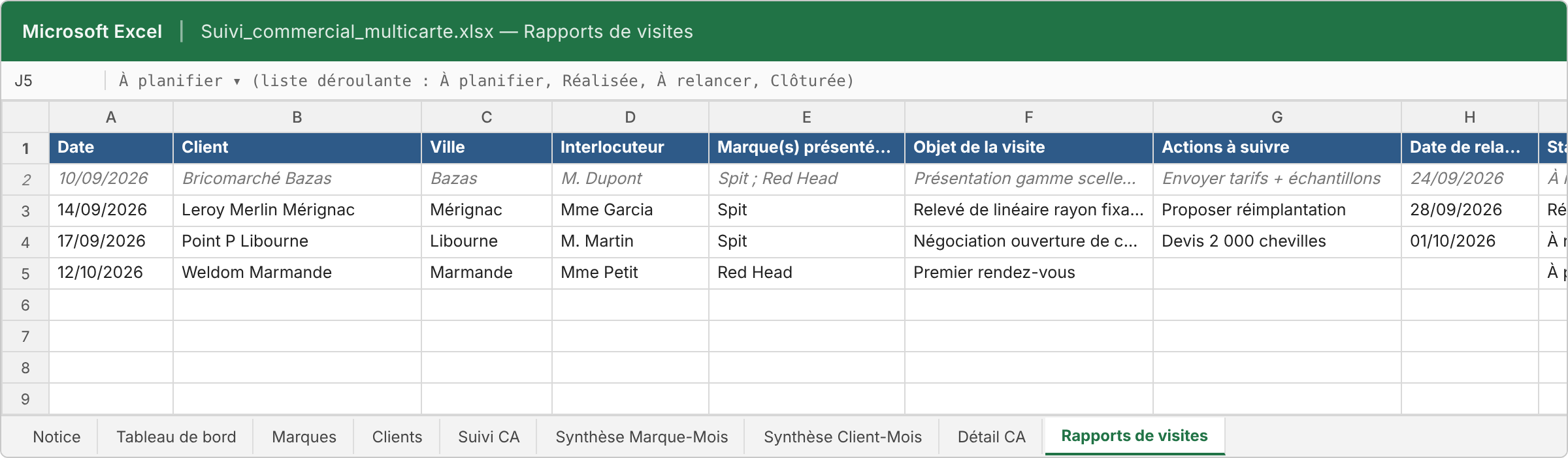 Onglet Rapports de visites : journal des visites, actions à suivre et dates de relance