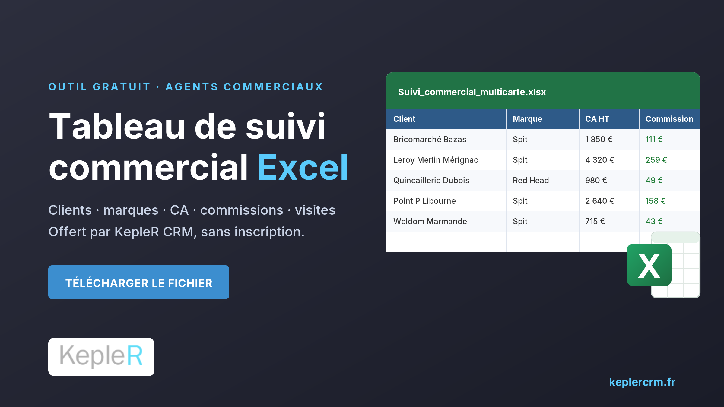 Tableau de suivi commercial Excel gratuit pour agent commercial, offert par KepleR CRM